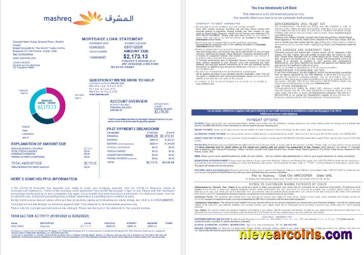 UAE Mashreq mortgage loan statement, 4 pages 1-2